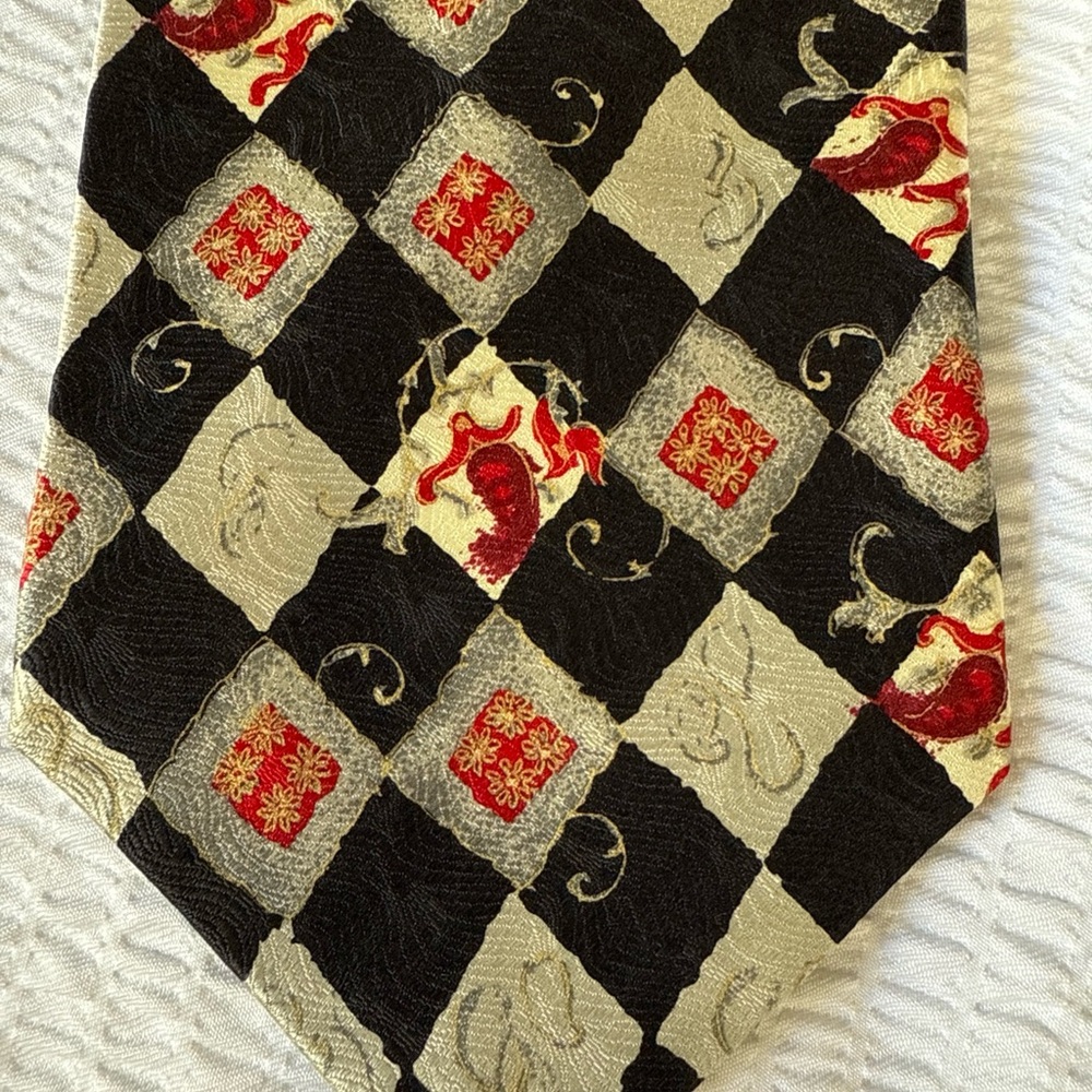 Checkered Silk Tie with Red Accents